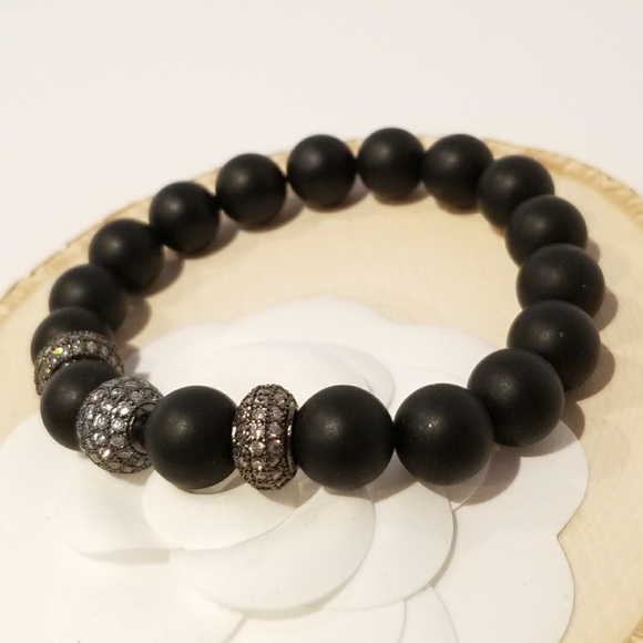 NEW Natural Black Stones Pave CZ Stretch Bracelet - Picture 3 of 5